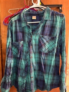 Faded Glory Teal and Navy Plaid Button-Down Shirt